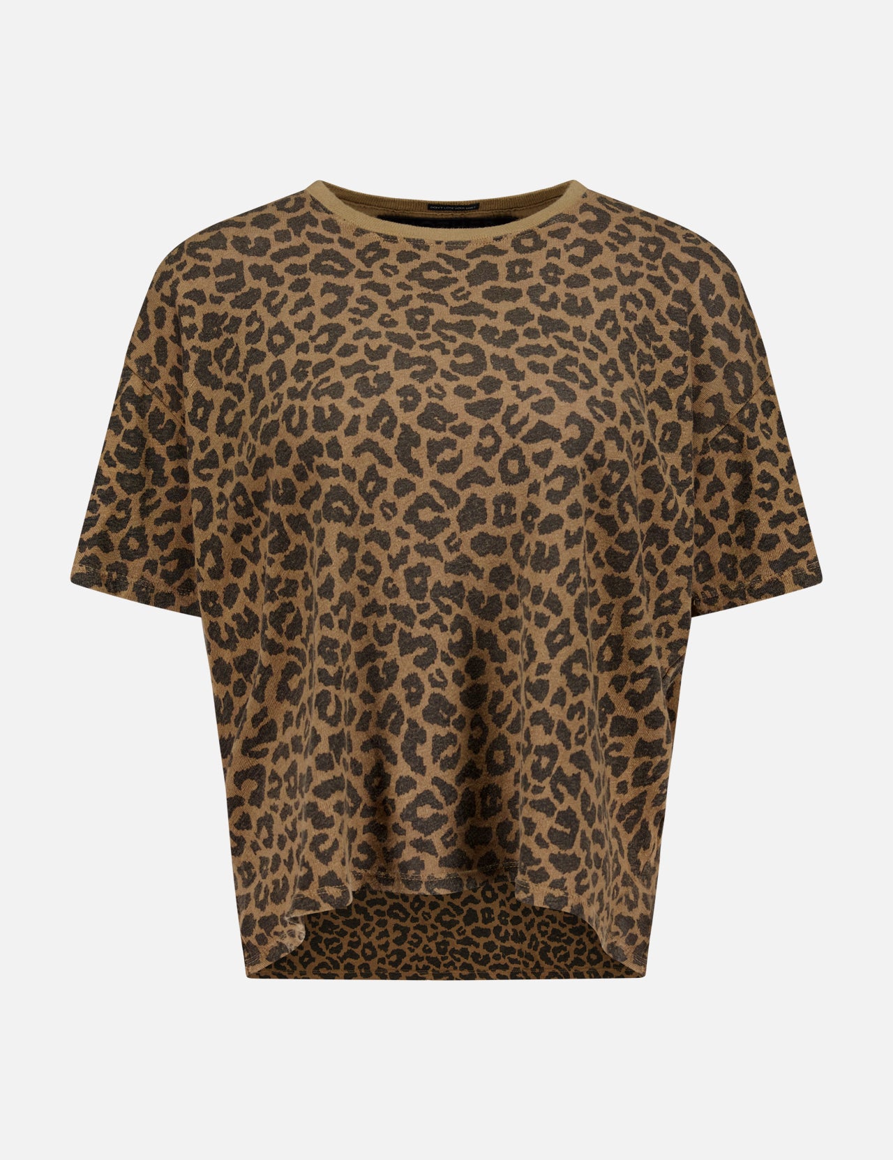 The Short Sleeve Boxy Ringer T-shirt by MOTHER is a brown crew neck top with short sleeves, featuring a striking black cheetah print. Crafted from a comfortable cotton-linen blend, it is shown against a plain white background.