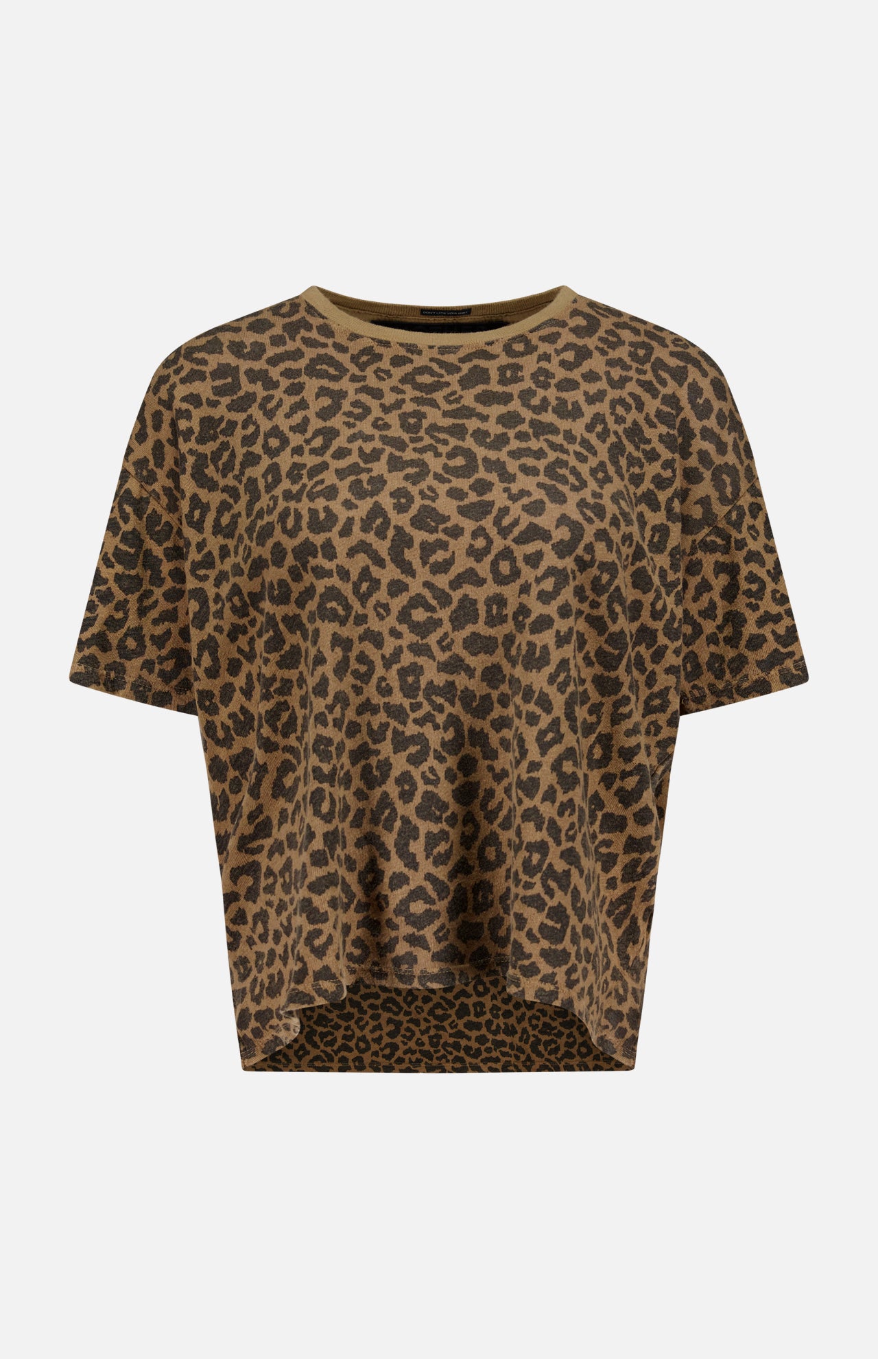 The Short Sleeve Boxy Ringer T-shirt by MOTHER is a brown crew neck top with short sleeves, featuring a striking black cheetah print. Crafted from a comfortable cotton-linen blend, it is shown against a plain white background.