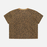 The Short Sleeve Boxy Ringer T-shirt by MOTHER features a boxy, cropped silhouette with short sleeves, crafted from a soft cotton-linen blend and adorned with an allover brown and black cheetah print. The crew neck top is displayed flat against a white background.