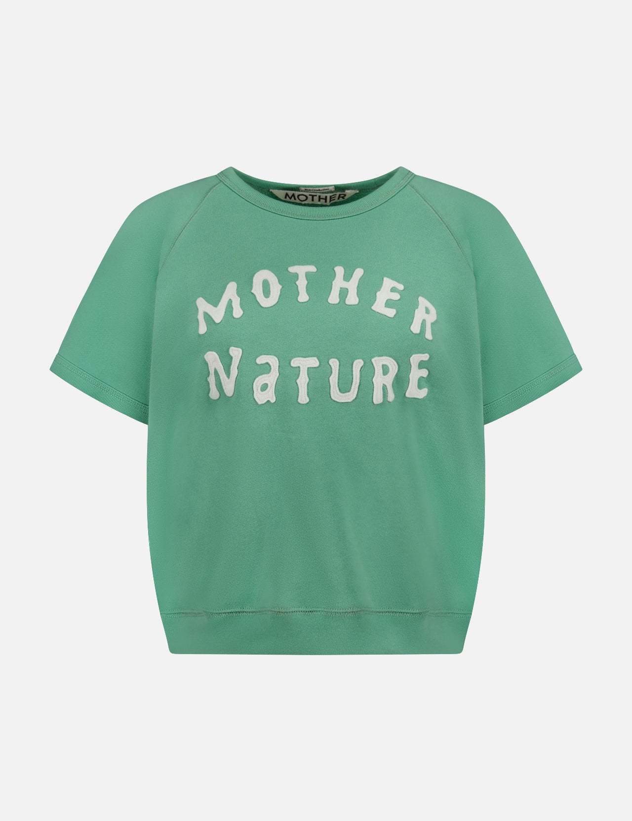 The Short Sleeve Concert Shirt by MOTHER is a green 100% cotton crew neck tee with bold, white "MOTHER NATURE" lettering across the chest.