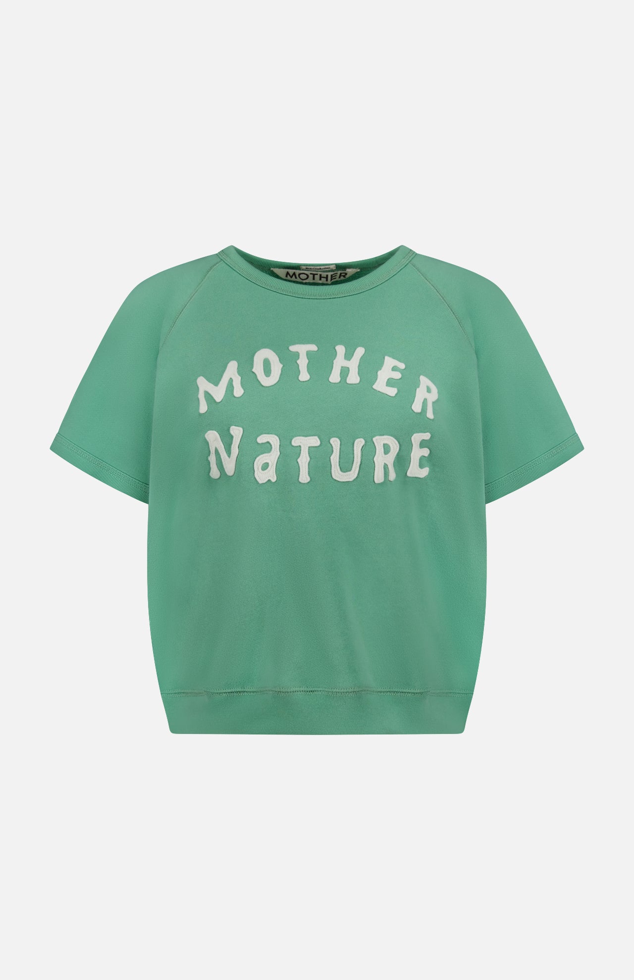 The Short Sleeve Concert Shirt by MOTHER is a green 100% cotton crew neck tee with bold, white "MOTHER NATURE" lettering across the chest.