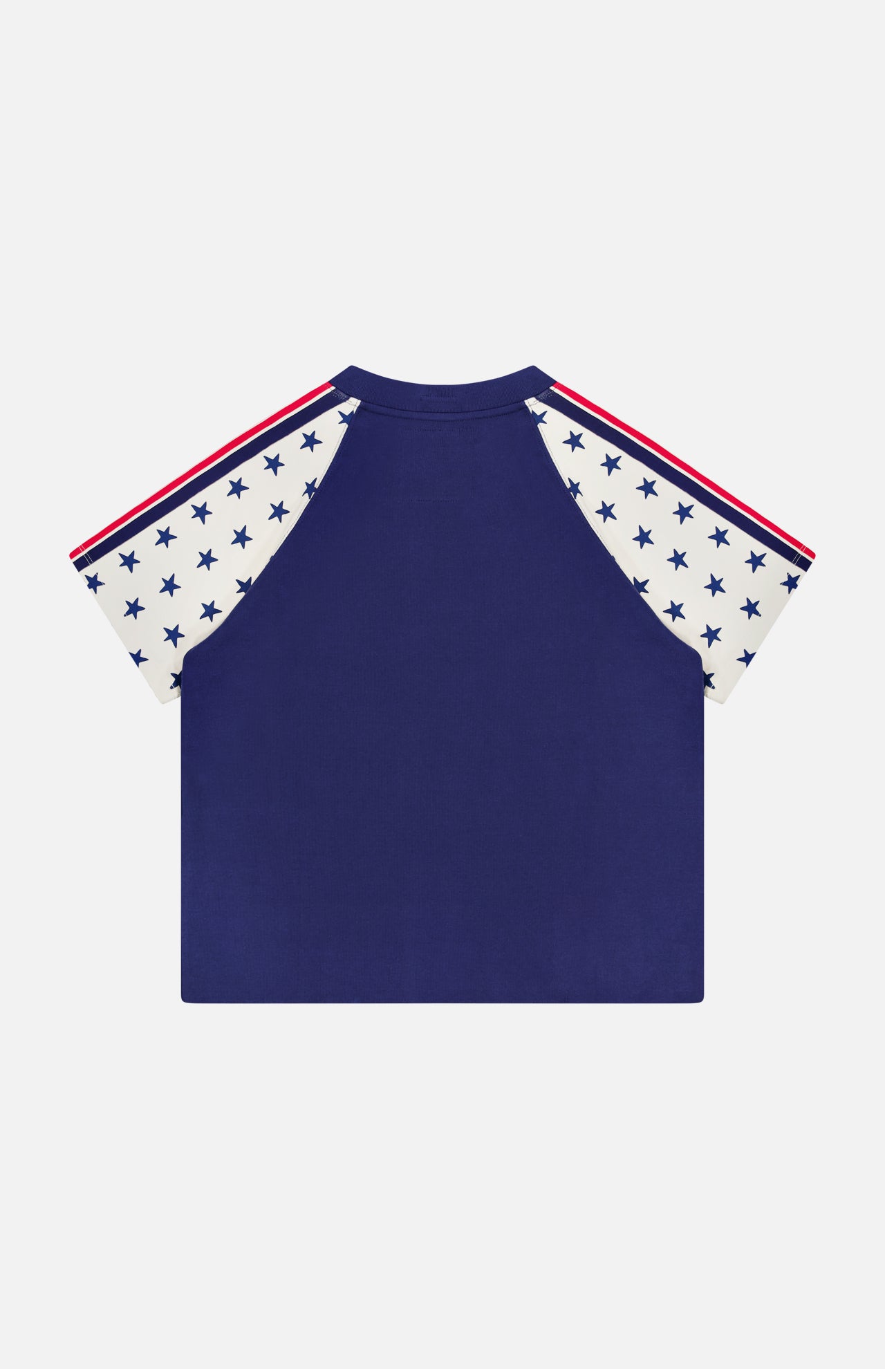 The Concert Race T-shirt by MOTHER features white sleeves with blue stars, red stripes on the shoulders, and a blue body. Made from 100% cotton, it's shown on a white background.