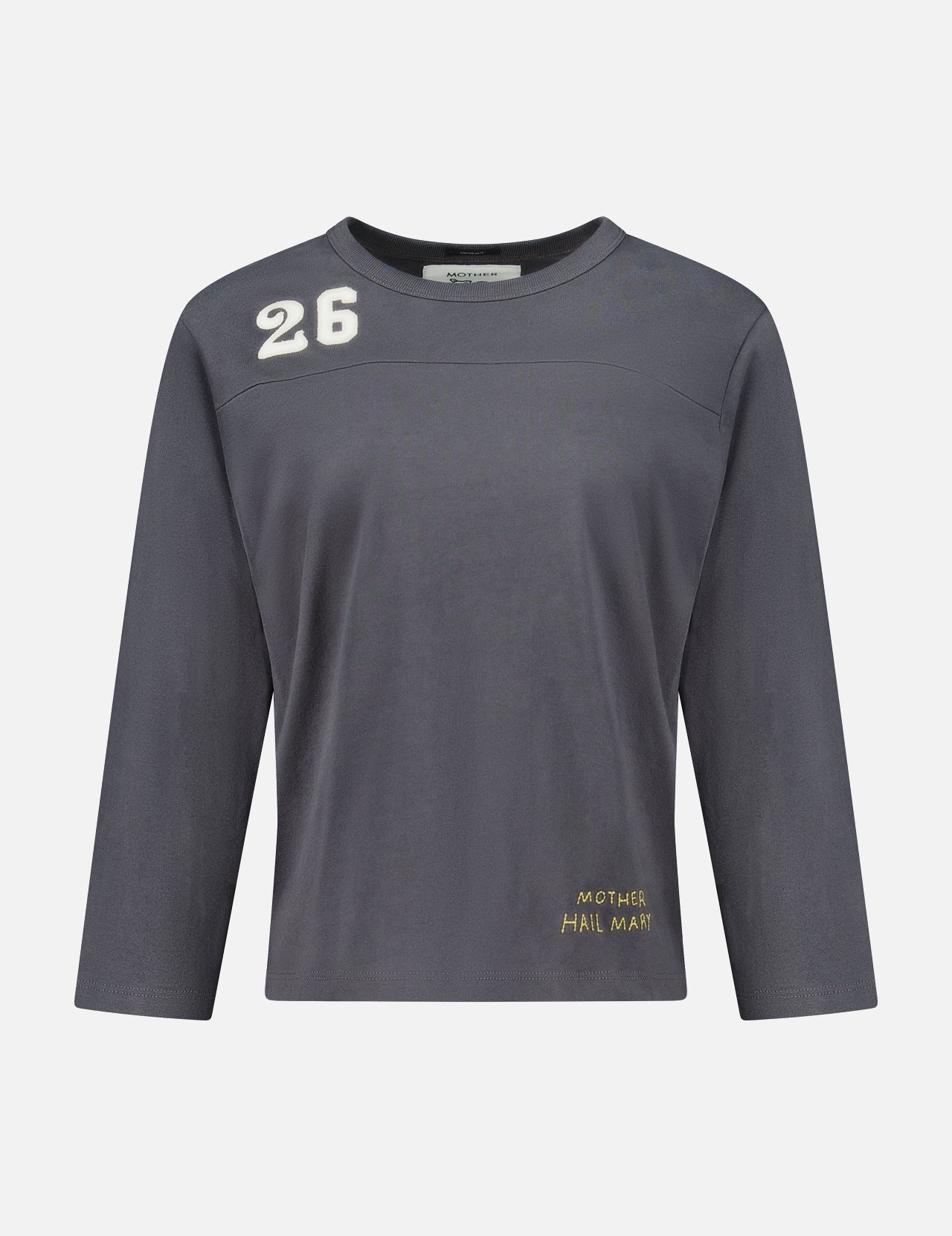 Charcoal-grey, 100% cotton long-sleeve The Third Quarter Crewneck Sweatshirt by Mother, featuring the number 26 on the upper right chest and MOTHER HAIL MARY embroidered in yellow near the bottom hem.