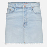The Vagabond Mini Fray Skirt by MOTHER is a light blue denim mini with a frayed hem, front button and zip closure, front pockets, faded wash, and classic stitching for effortless style.