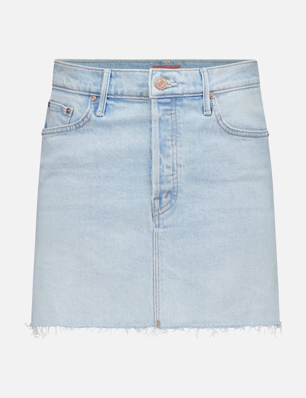 The Vagabond Mini Fray Skirt by MOTHER is a light blue denim mini with a frayed hem, front button and zip closure, front pockets, faded wash, and classic stitching for effortless style.