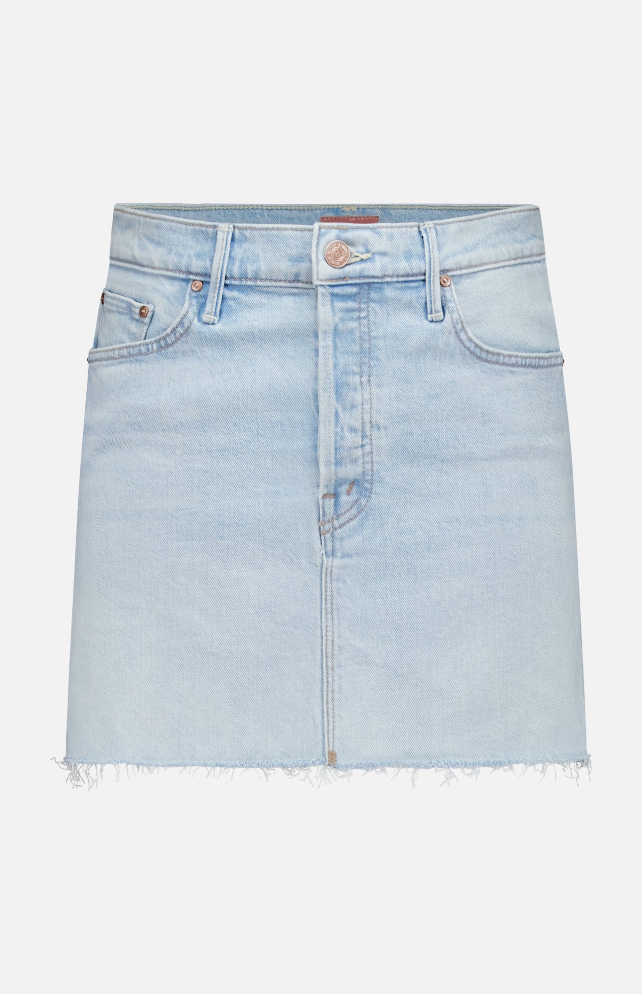 The Vagabond Mini Fray Skirt by MOTHER is a light blue denim mini with a frayed hem, front button and zip closure, front pockets, faded wash, and classic stitching for effortless style.