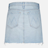 The Vagabond Mini Fray Skirt by MOTHER is a light blue denim mini with a frayed hem and two back pockets featuring decorative stitching, ideal for achieving a casual, low-slung jean skirt style.