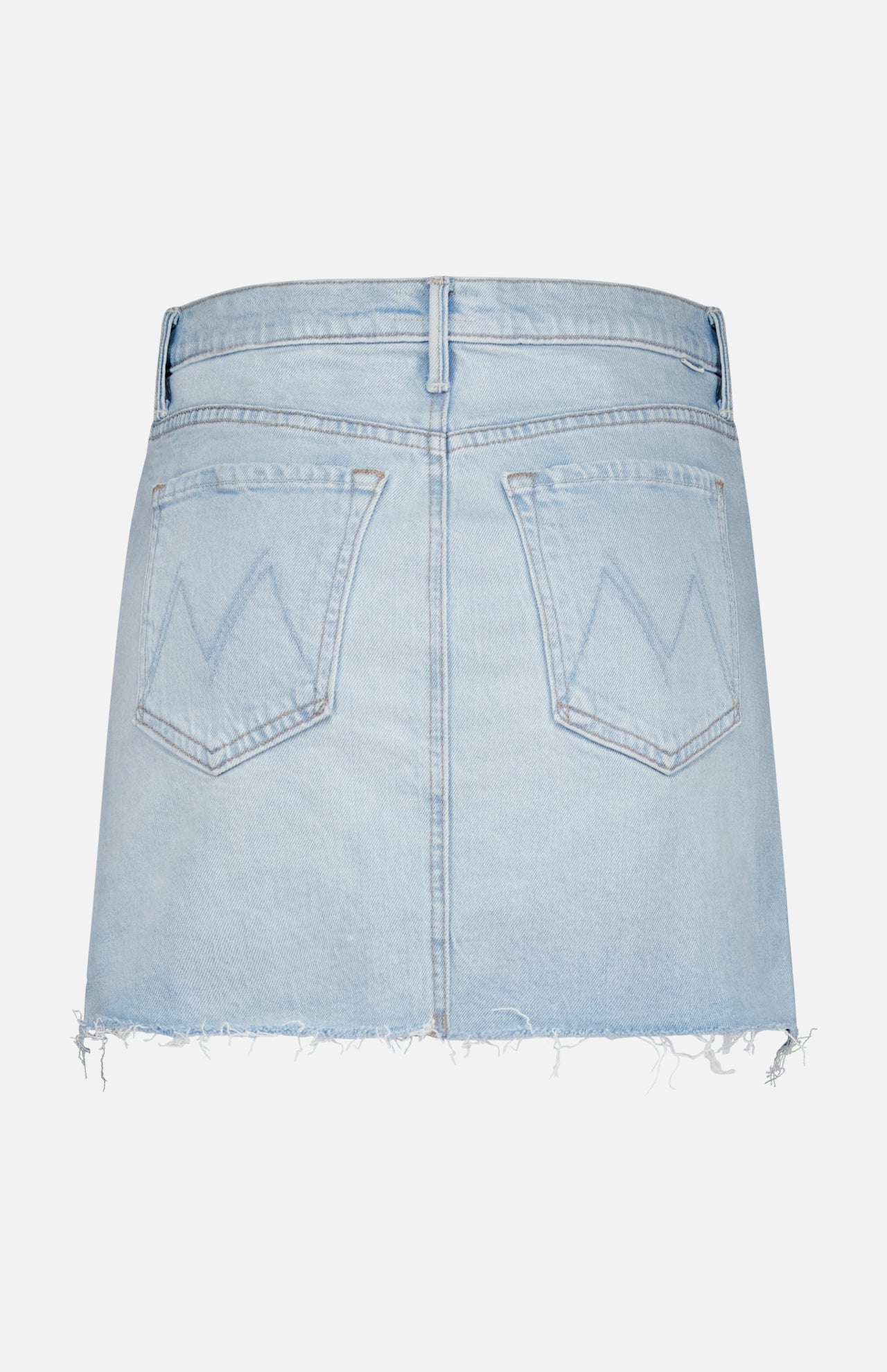 The Vagabond Mini Fray Skirt by MOTHER is a light blue denim mini with a frayed hem and two back pockets featuring decorative stitching, ideal for achieving a casual, low-slung jean skirt style.