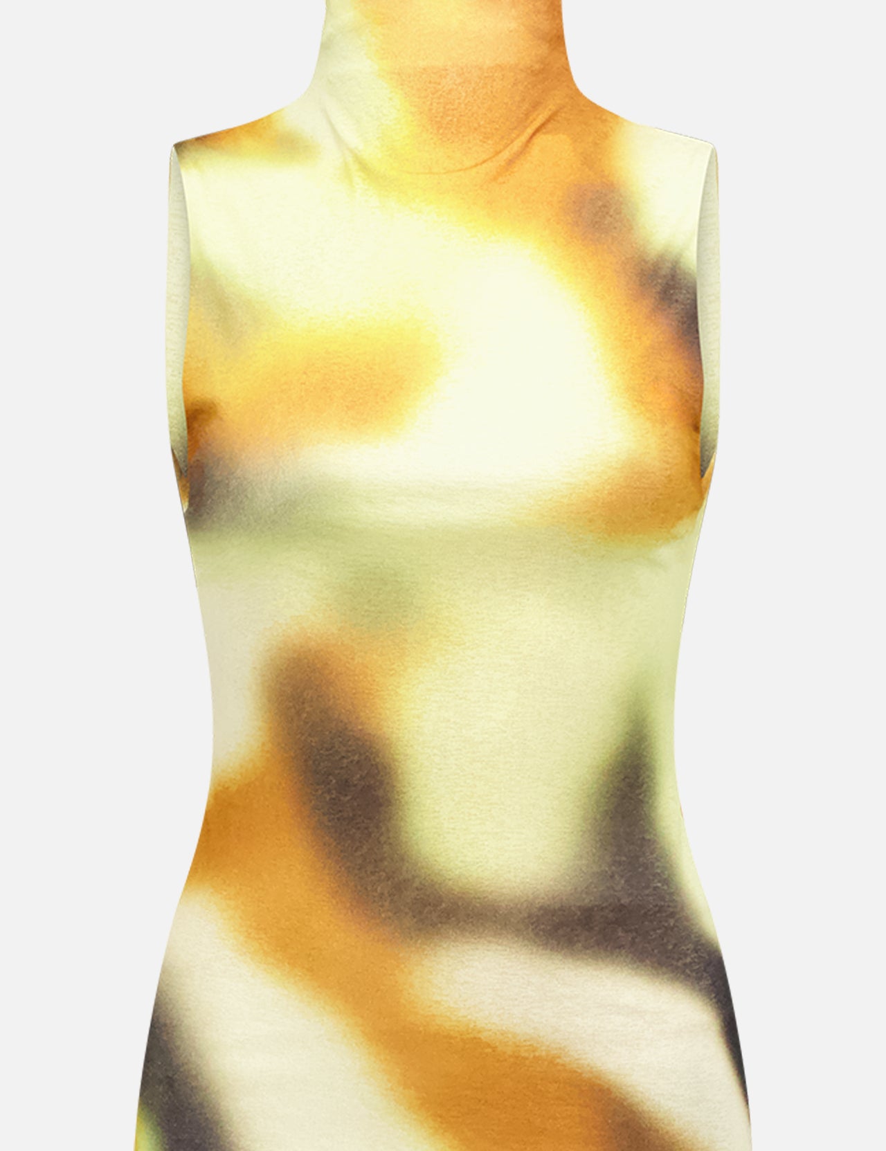 The Annyka Mesh Top by NANUSHKA is a sleeveless, high-neck fitted piece made from upcycled mesh-jersey, showcasing a soft, blurred pattern in yellow, orange, cream, and dark brown on a plain white background.