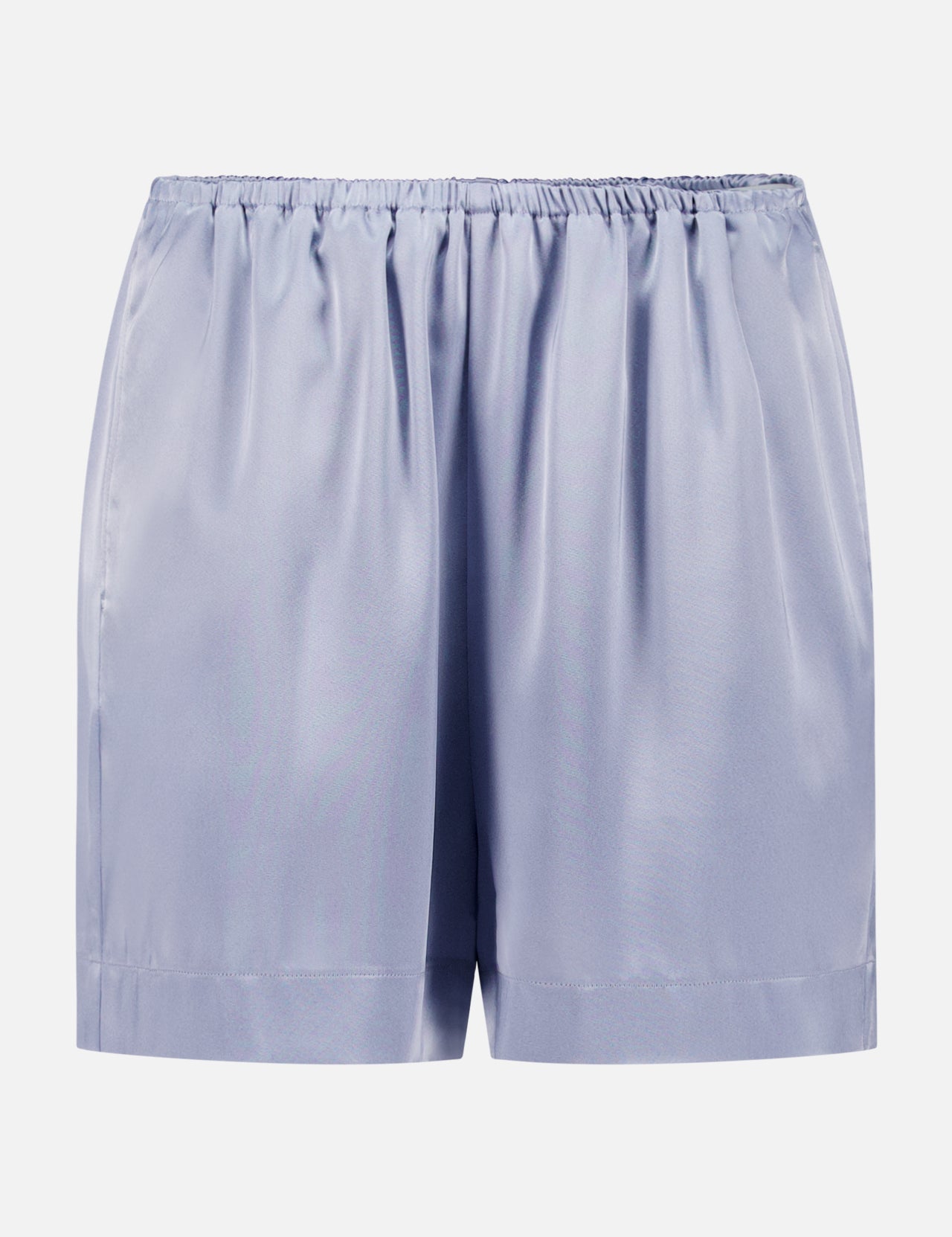 The Slip Satin Dylla Shorts by NANUSHKA feature an ice-blue hue, elastic waistband, and relaxed fit, shown against a plain white background.