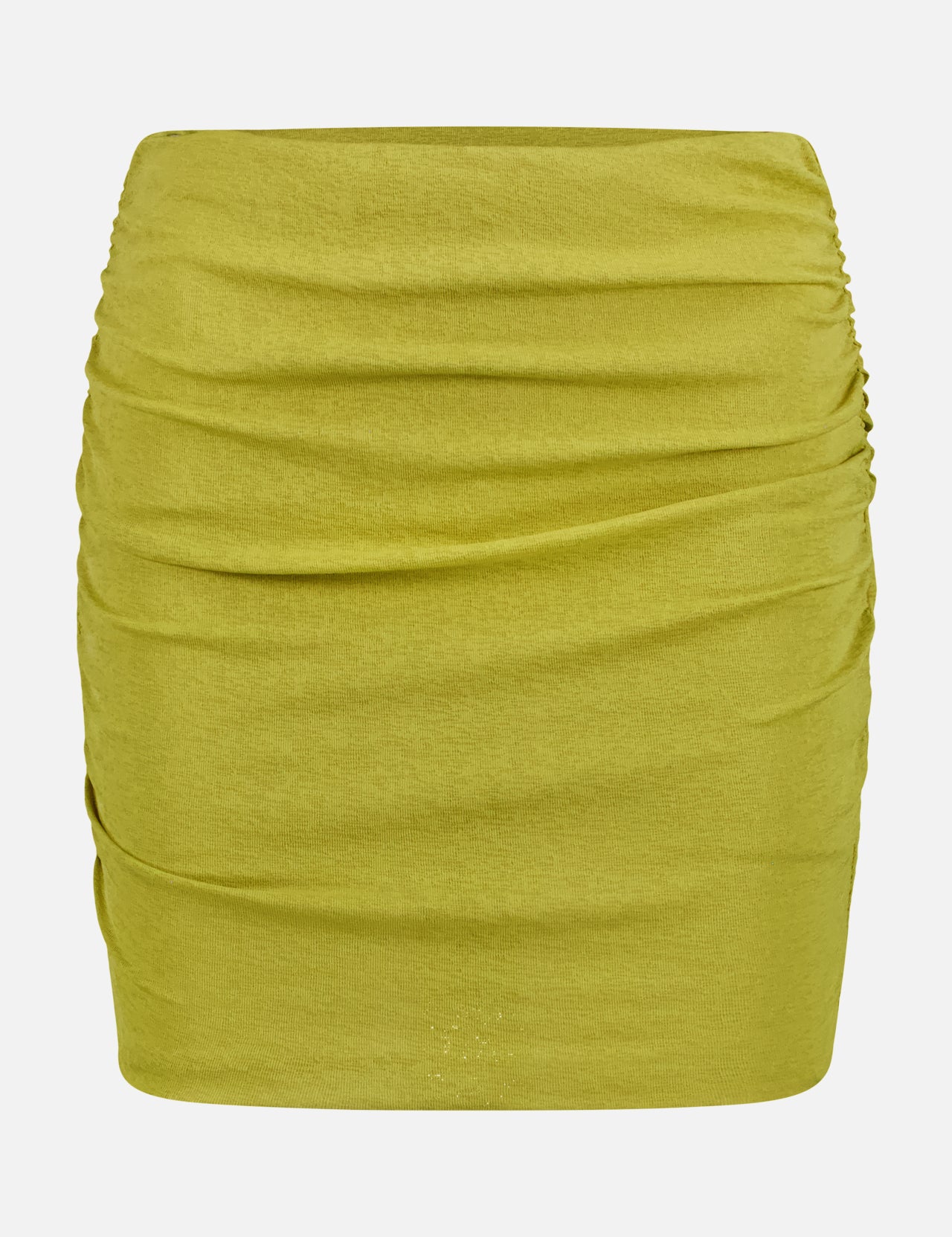 The NANUSHKA Pamyla Draped Mini Skirt features ruched side detailing and a fitted silhouette, crafted from mesh jersey fabric in pistachio, shown against a plain white background.