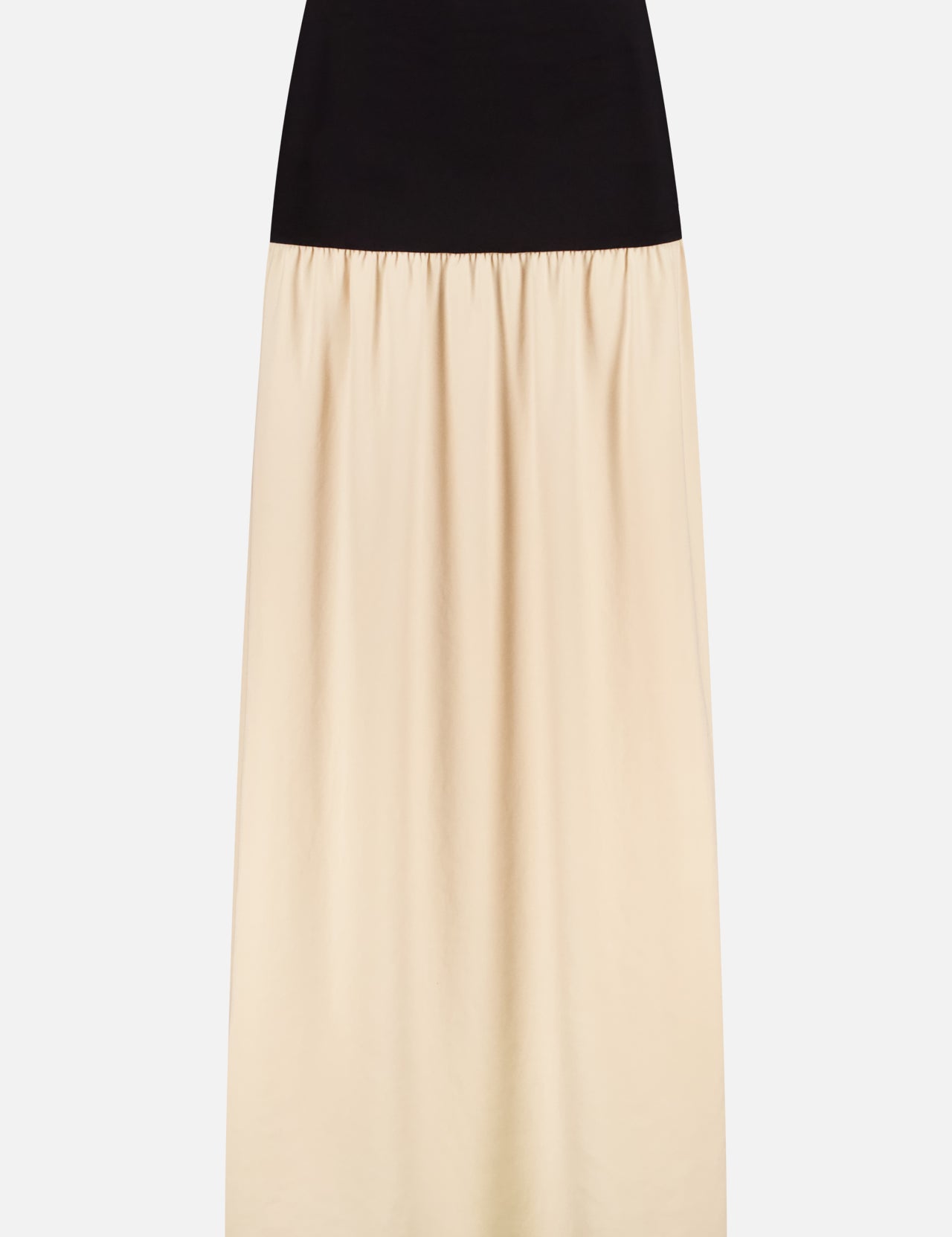 The NANUSHKA Ranee Maxi Skirt is a georgette skirt with a fitted black jersey waist and a flowing cream lower section, shown on a white background.