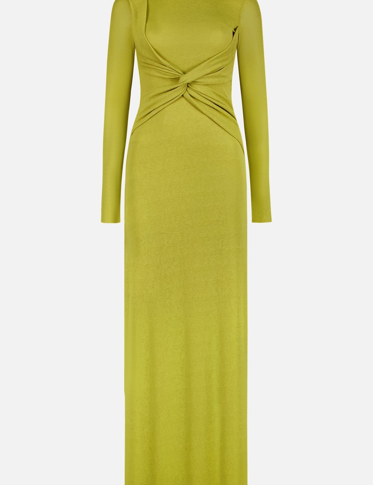 The NANUSHKA Rozal Fitted Drape Front Dress features a maxi length, long sleeves, a twisted waist detail, and comes in a vibrant yellow-green pistachio shade for a striking silhouette.