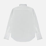 Back view of the white Nili Lotan Elio Ruffle Detail Shirt, featuring a tailored fit with ruffle detailing at the collar and cuffs.