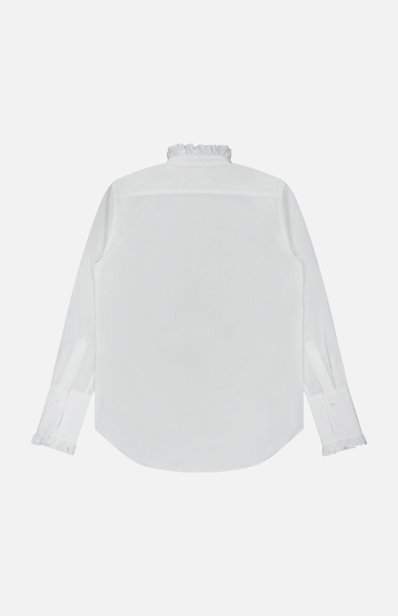Back view of the white Nili Lotan Elio Ruffle Detail Shirt, featuring a tailored fit with ruffle detailing at the collar and cuffs.
