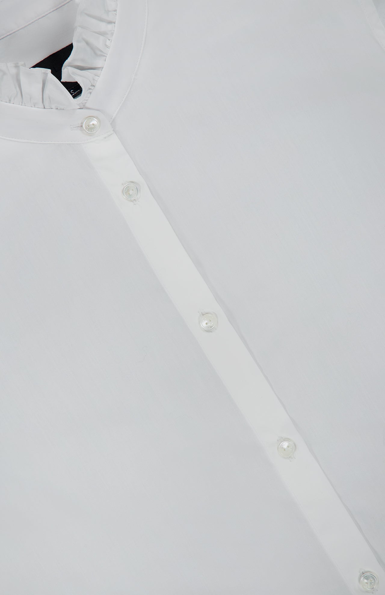 Nili Lotan Elio Ruffle Detail Shirt, a tailored white blouse with a ruffled collar.