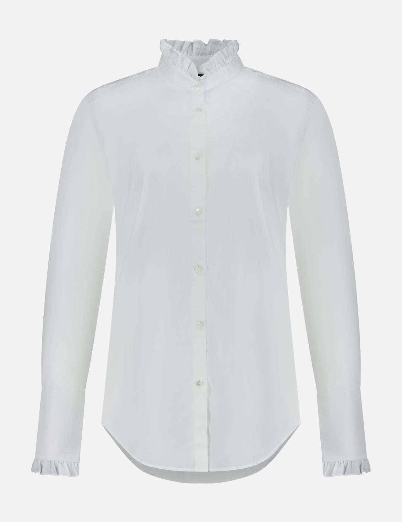 Nili Lotan Elio Ruffle Detail Shirt, a tailored white long-sleeved button-down blouse with a ruffled collar and cuffs.