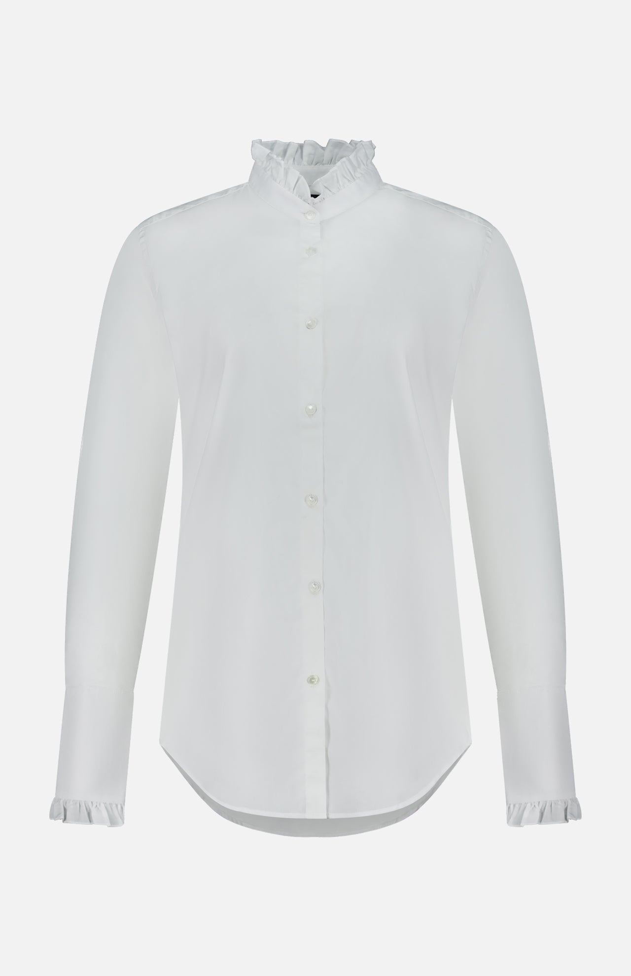 Nili Lotan Elio Ruffle Detail Shirt, a tailored white long-sleeved button-down blouse with a ruffled collar and cuffs.