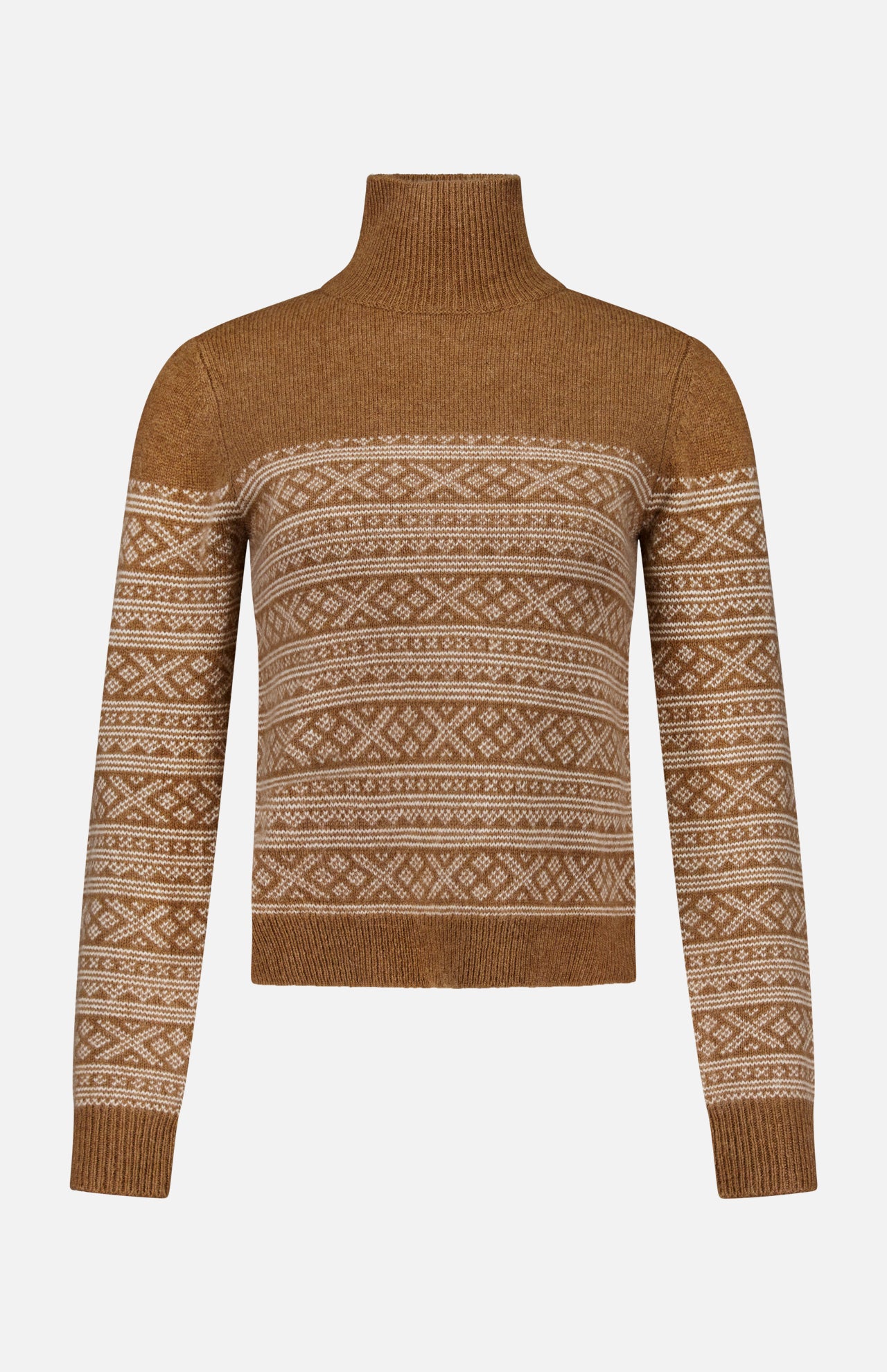Nili Lotan Fellini Fair Isle sweater in brown baby alpaca with a white Fair Isle pattern across the chest and sleeves.