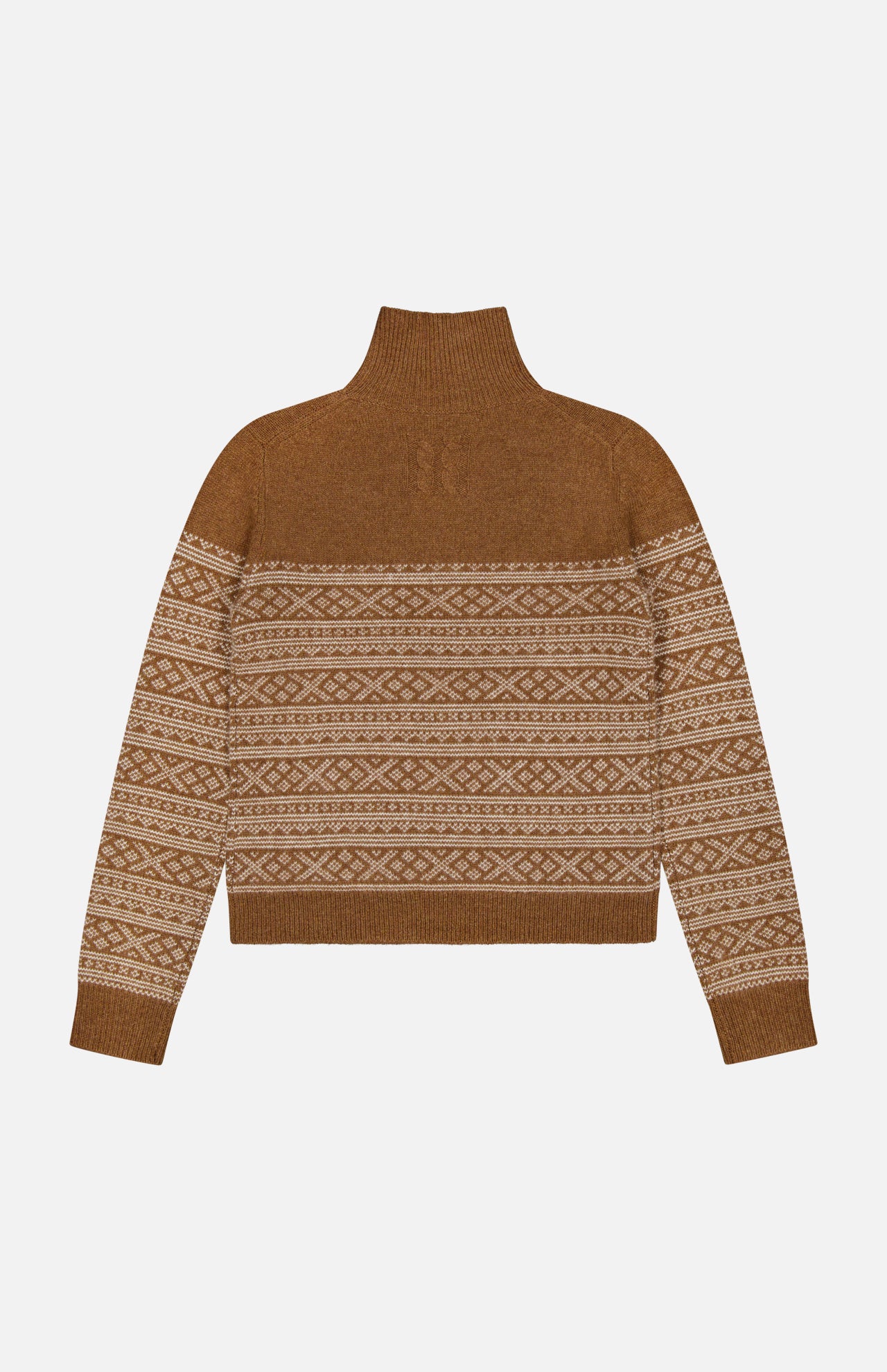 Nili Lotan Fellini Fair Isle brown baby alpaca turtleneck sweater with a Fair Isle pattern across the chest, sleeves, and back.