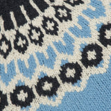 Close-up of the Nili Lotan Isaline Fair Isle sweater featuring a black, light blue, and cream pattern.