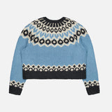 Nili Lotan Isaline Fair Isle sweater in light blue, featuring a black and cream patterned yoke and hem.