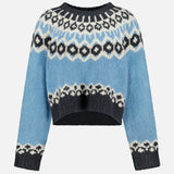 Nili Lotan Isaline Fair Isle sweater in blue and dark grey with a cropped hem and round neckline.