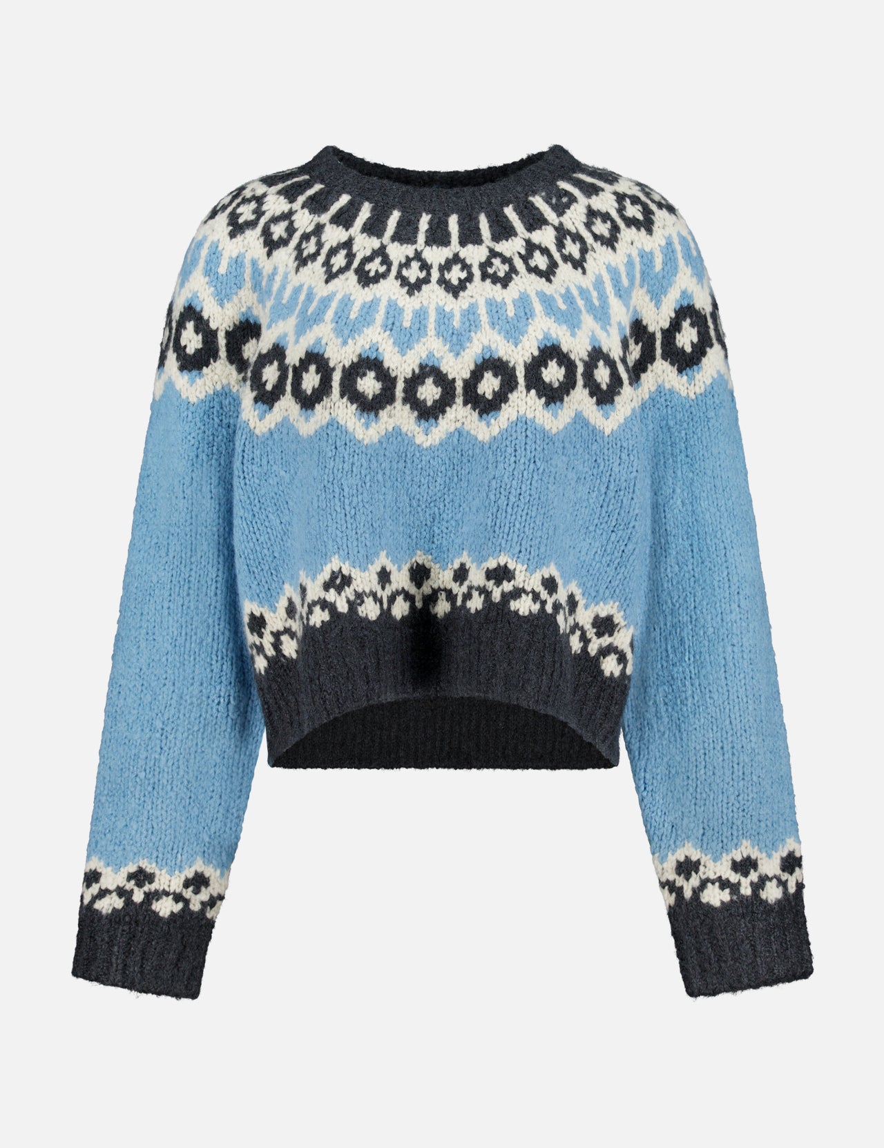 Nili Lotan Isaline Fair Isle sweater in blue and dark grey with a cropped hem and round neckline.