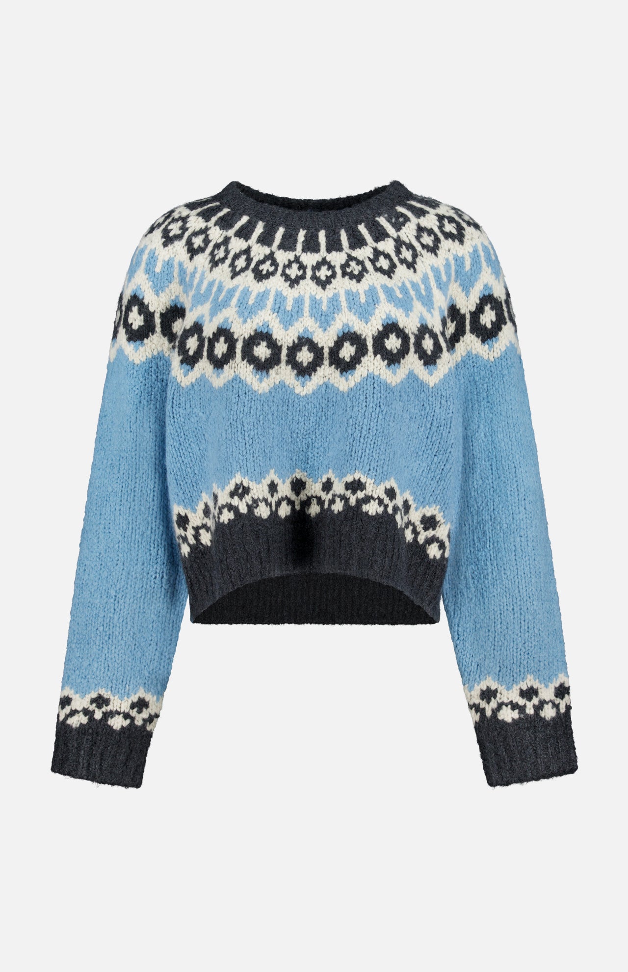 Nili Lotan Isaline Fair Isle sweater in blue and dark grey with a cropped hem and round neckline.