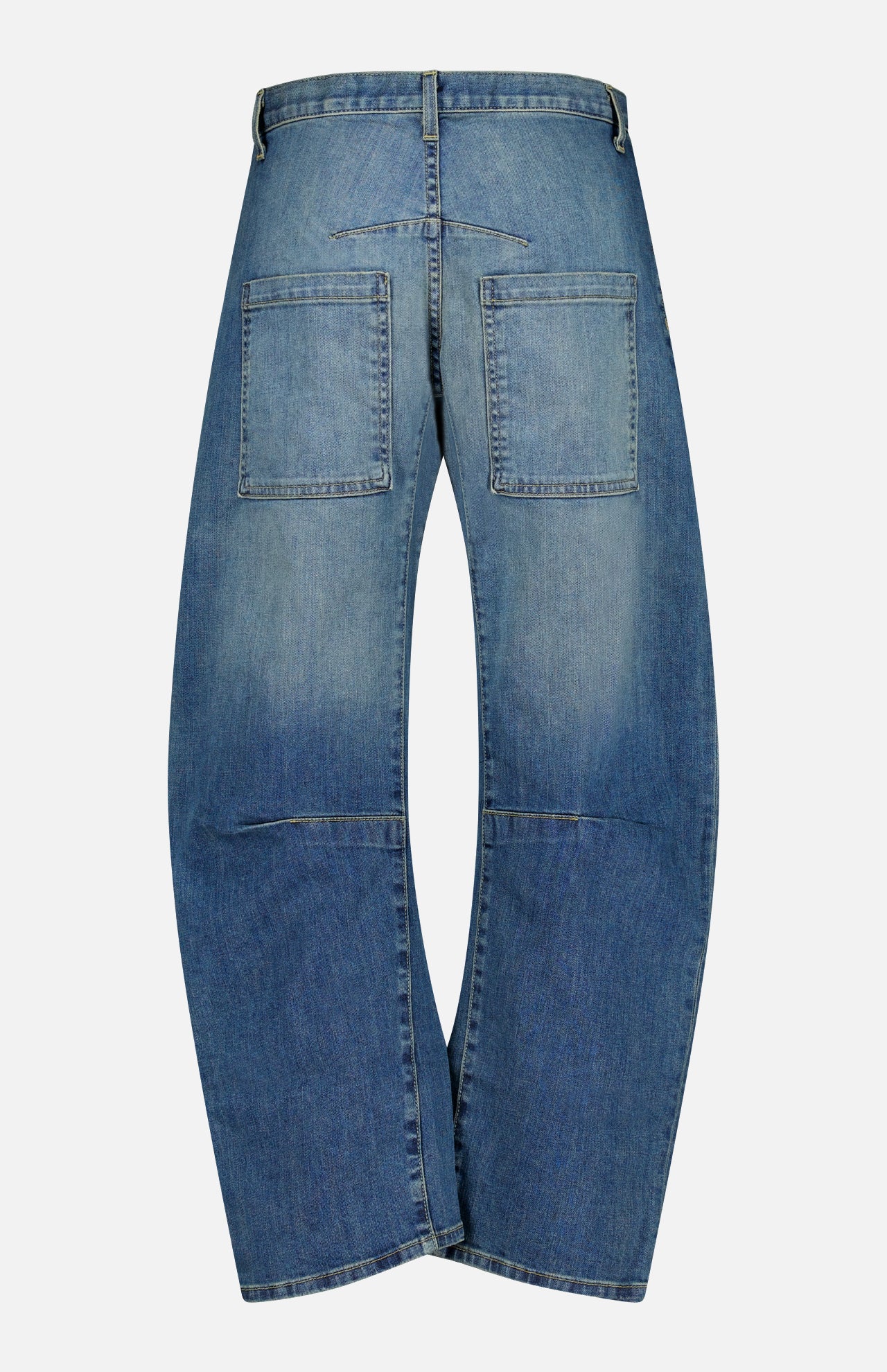 Back view of the Nili Lotan Shon Jean in Classic Wash, featuring mid-rise, wide-leg blue jeans with large square patch pockets on the seat and horizontal seam detailing above the knees.