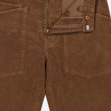 Nili Lotan Shon Stretch Corduroy Bow Leg Pant in hazelnut, featuring a relaxed fit, zip fly, button closure, and large front patch pockets.