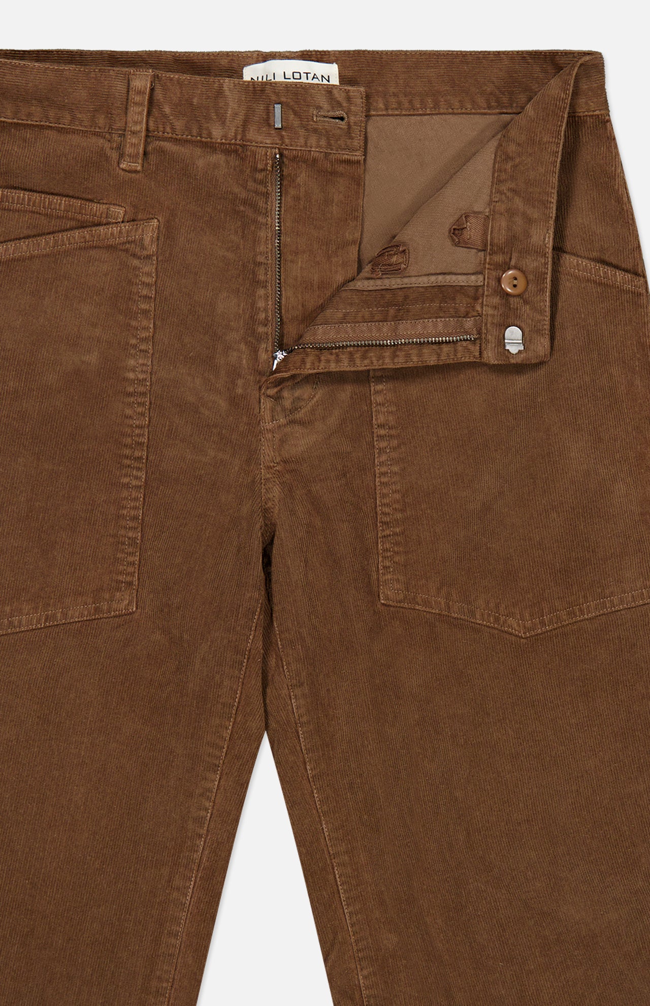 Nili Lotan Shon Stretch Corduroy Bow Leg Pant in hazelnut, featuring a relaxed fit, zip fly, button closure, and large front patch pockets.