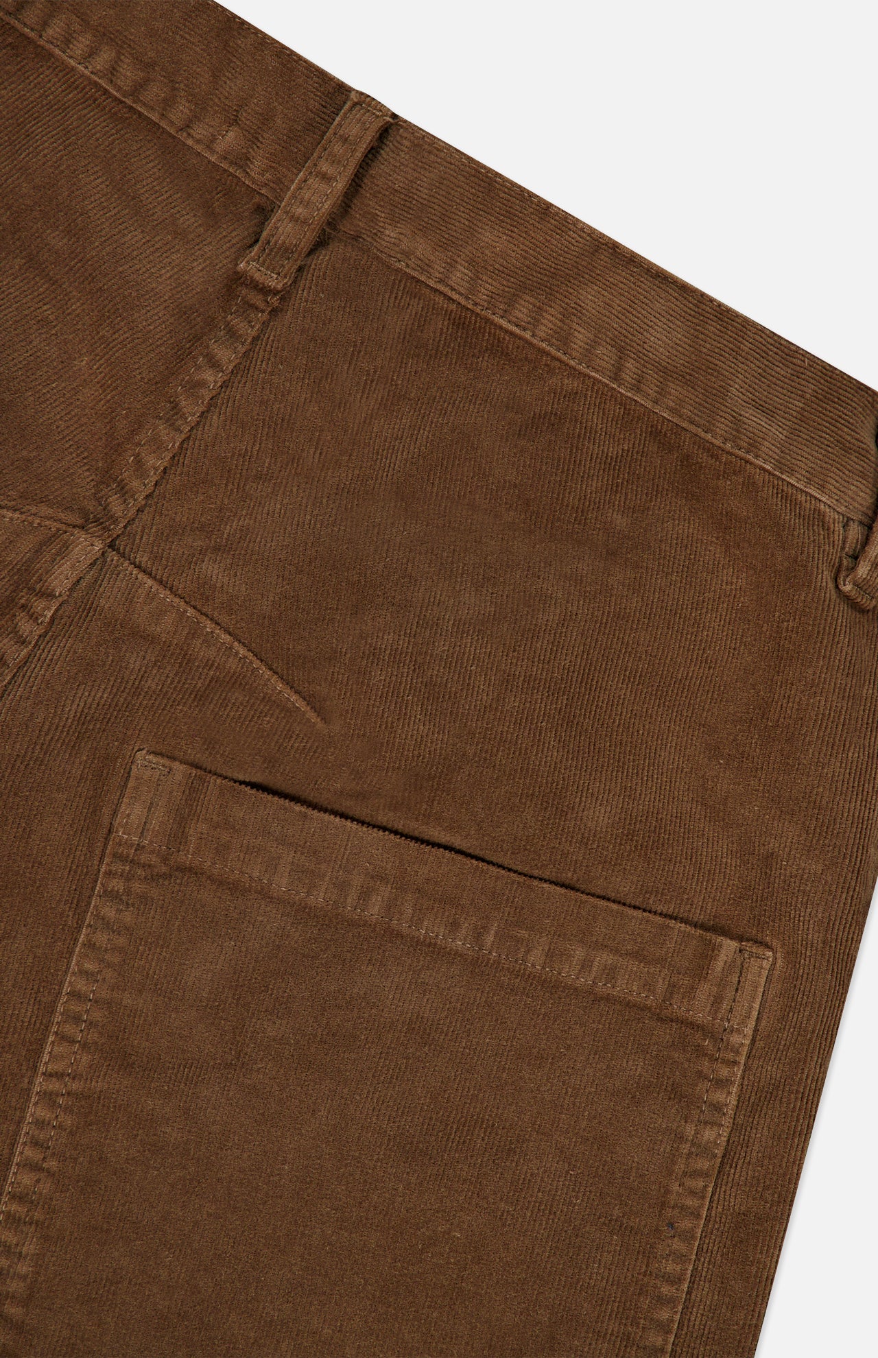 Close-up of the back of hazelnut Nili Lotan Shon Stretch Corduroy Bow Leg Pant, showing the waistband, belt loop, and a back pocket.