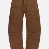 Nili Lotan Shon Stretch Corduroy Bow Leg Pant in hazelnut featuring a mid-rise, rounded silhouette and large front patch pockets.