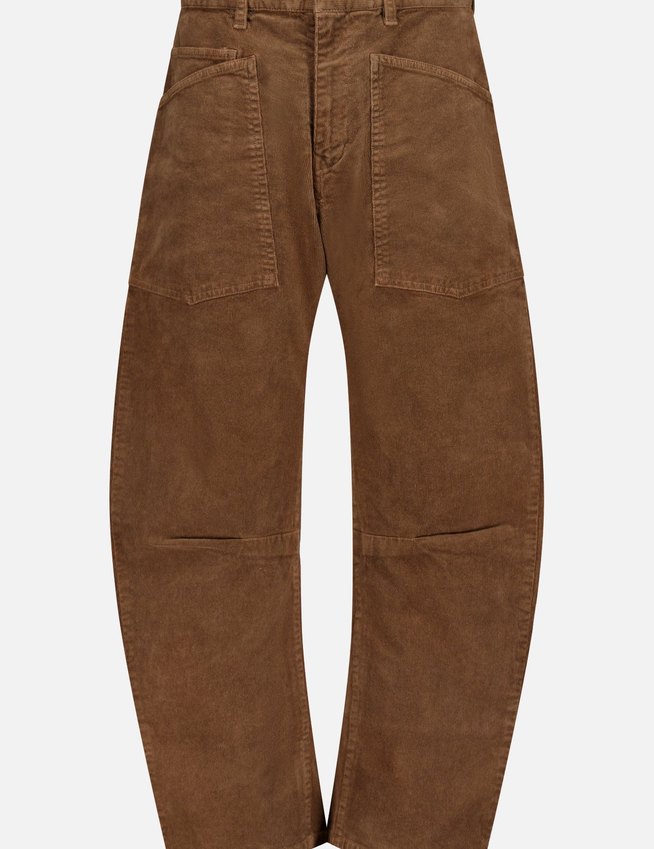 Nili Lotan Shon Stretch Corduroy Bow Leg Pant in hazelnut featuring a mid-rise, rounded silhouette and large front patch pockets.