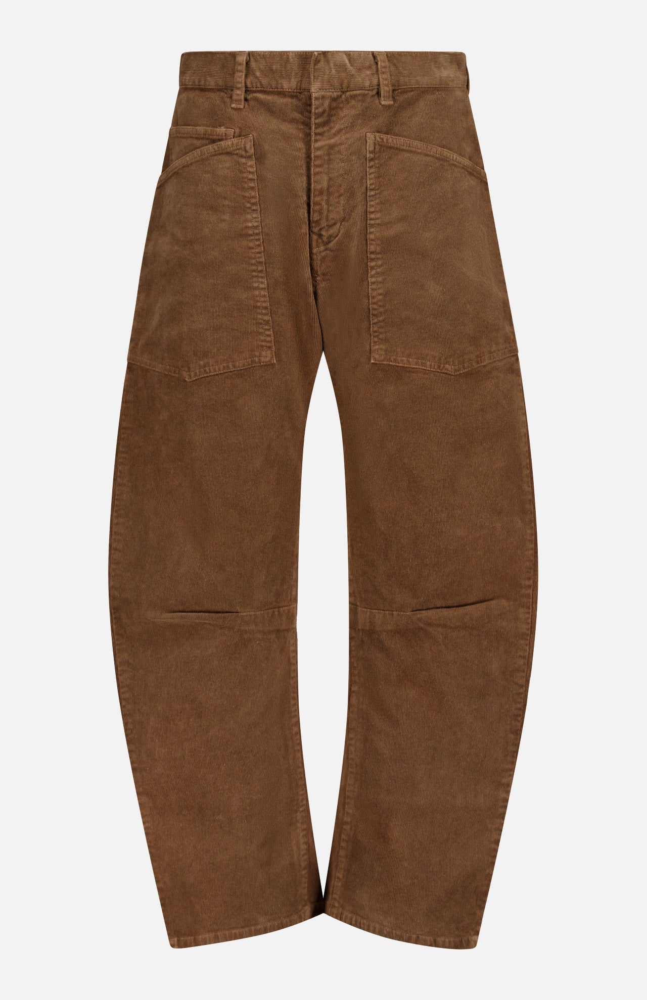 Nili Lotan Shon Stretch Corduroy Bow Leg Pant in hazelnut featuring a mid-rise, rounded silhouette and large front patch pockets.