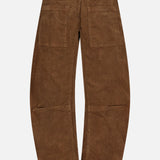 Nili Lotan Shon Stretch Corduroy Bow Leg Pant in hazelnut, featuring a relaxed, curved leg silhouette with back patch pockets.