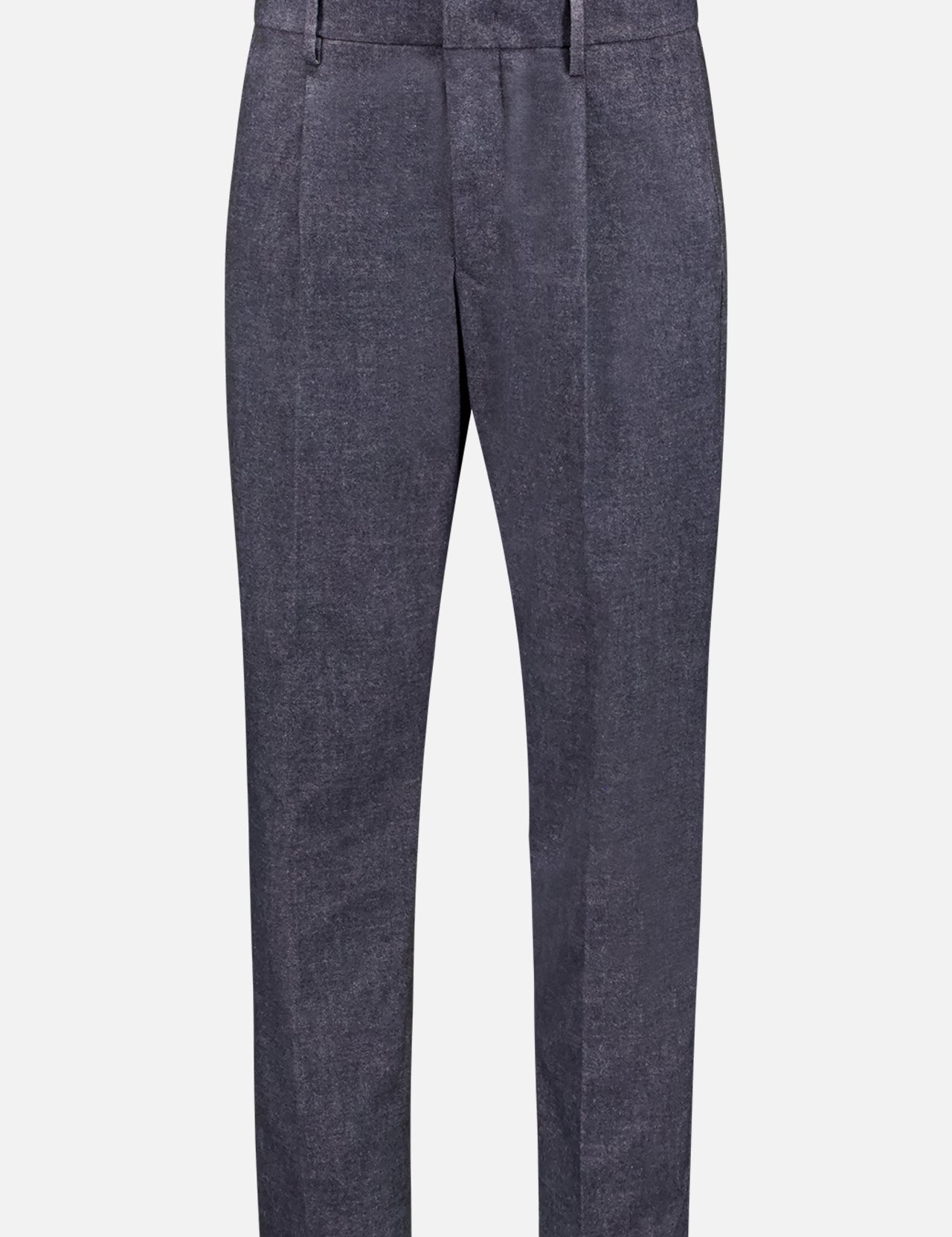 The Bill Trousers by NN07 are slim fit, dark grey dress pants made from brushed cotton twill, featuring belt loops, side pockets, and a flat front, shown against a plain white background.