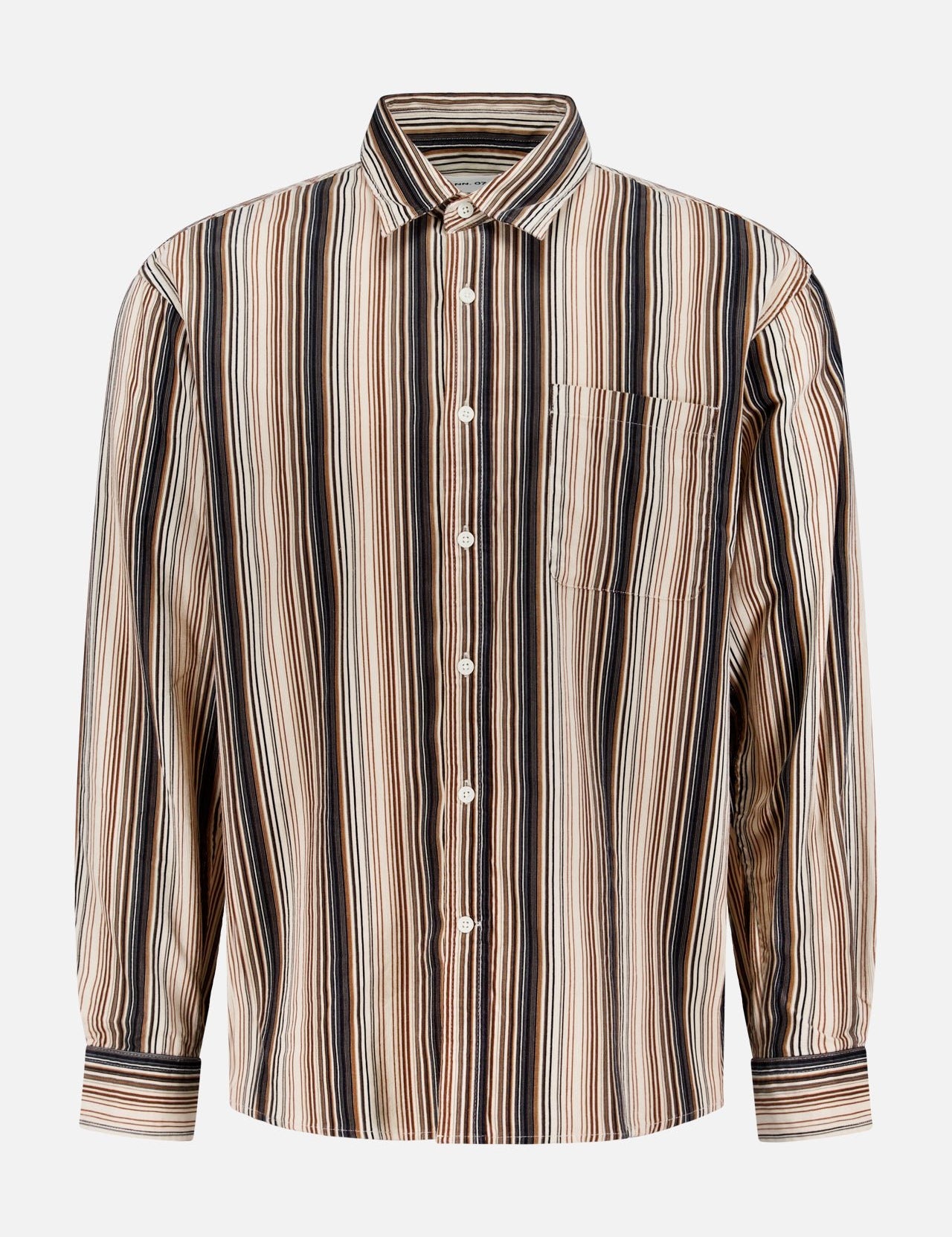 The NN07 Deon Striped Corduroy Shirt features vertical stripes in beige, brown, black, and white. This button-up includes a collar, chest pocket, and sleeve cuffs, shown against a plain white background.