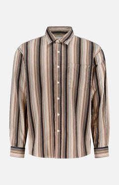 The NN07 Deon Striped Corduroy Shirt features vertical stripes in beige, brown, black, and white. This button-up includes a collar, chest pocket, and sleeve cuffs, shown against a plain white background.