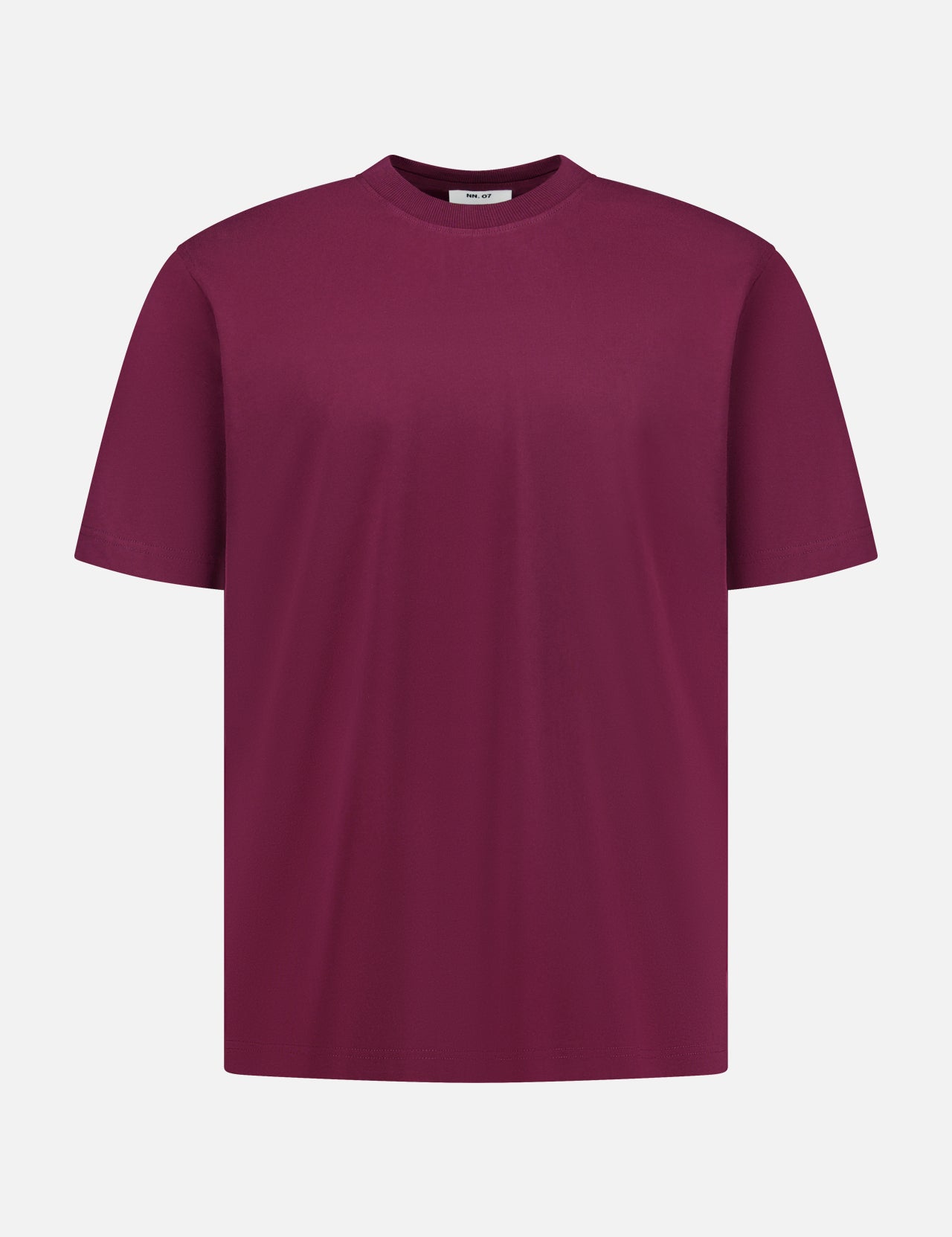 The Adam Crewneck T-Shirt by NN07 is a solid dark maroon, short-sleeved crew-neck style made from pima cotton, shown against a white background—an essential staple for any modern-casual wardrobe.