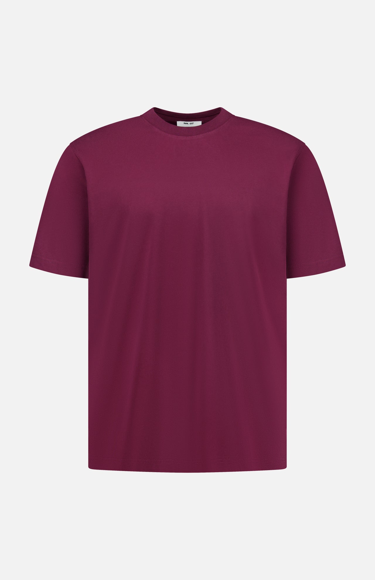 The Adam Crewneck T-Shirt by NN07 is a solid dark maroon, short-sleeved crew-neck style made from pima cotton, shown against a white background—an essential staple for any modern-casual wardrobe.