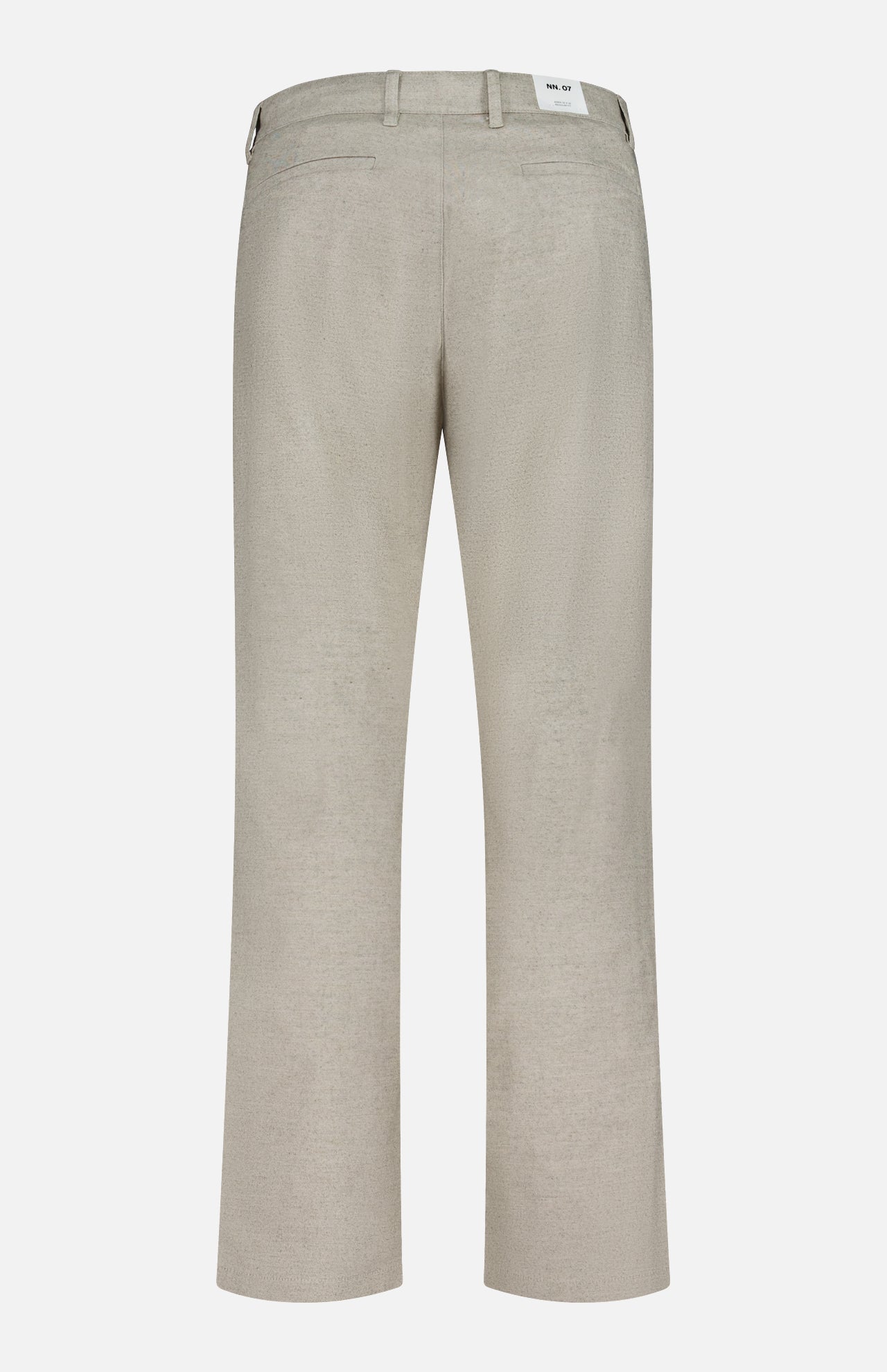 Aden Office Stretch Pant by NN07 shown from the back in beige, made from an organic cotton blend with belt loops, two back pockets, and a white label by the right waistband—perfect for a modern-casual look.