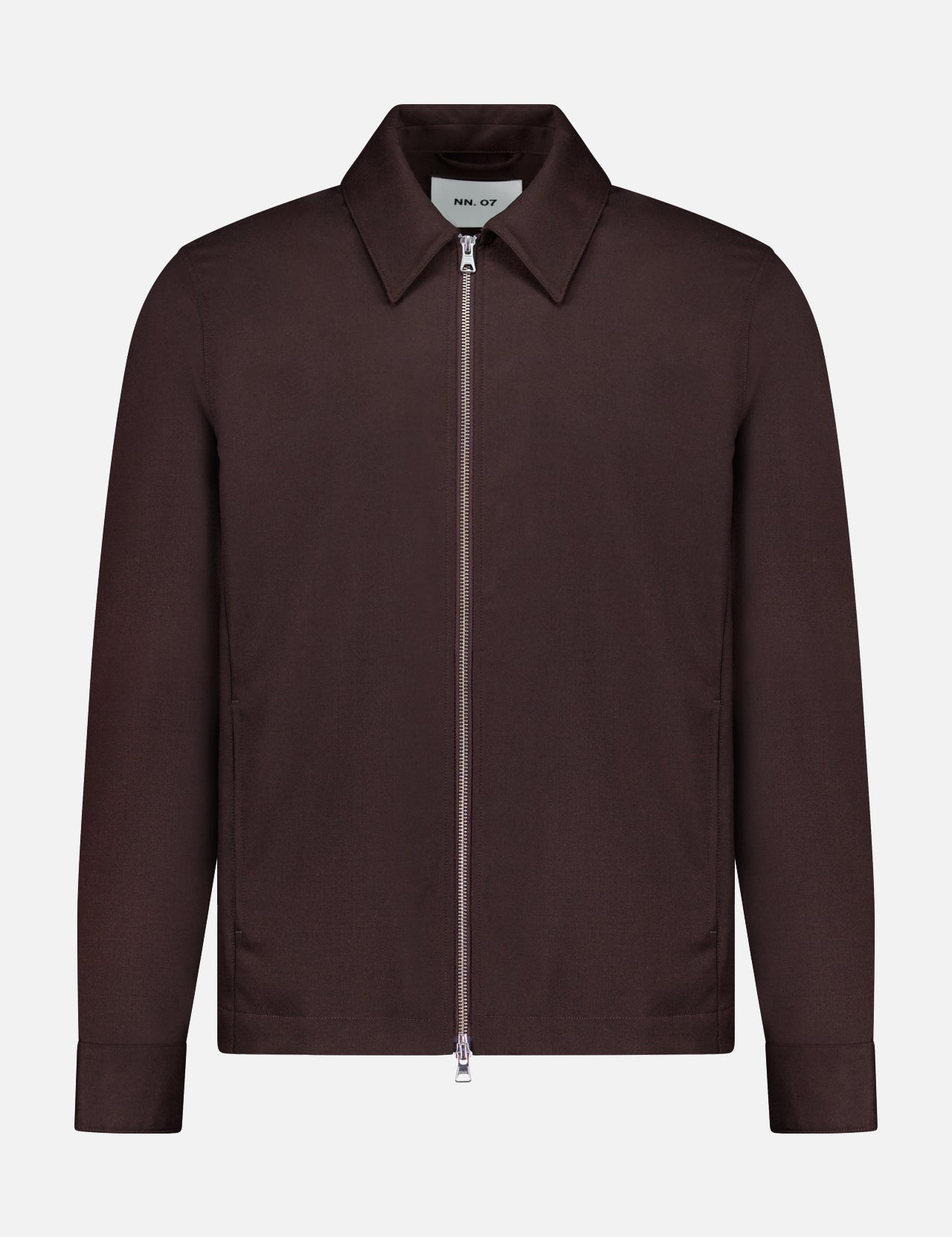 The NN07 Alban 2-way Zip Overshirt is a dark brown, long-sleeve flannel overshirt-jacket featuring a pointed collar and a silver front zipper, designed for the fall and winter season, shown against a plain white background.
