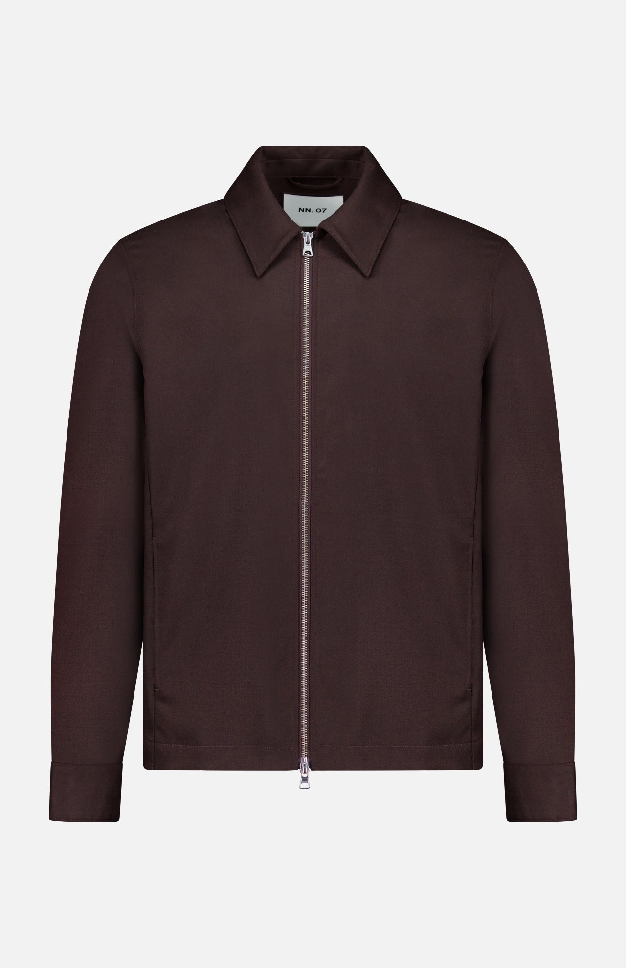 The NN07 Alban 2-way Zip Overshirt is a dark brown, long-sleeve flannel overshirt-jacket featuring a pointed collar and a silver front zipper, designed for the fall and winter season, shown against a plain white background.