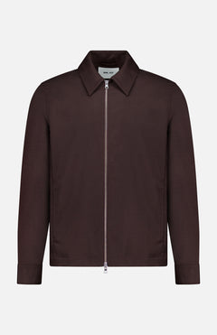 The NN07 Alban 2-way Zip Overshirt is a dark brown, long-sleeve flannel overshirt-jacket featuring a pointed collar and a silver front zipper, designed for the fall and winter season, shown against a plain white background.