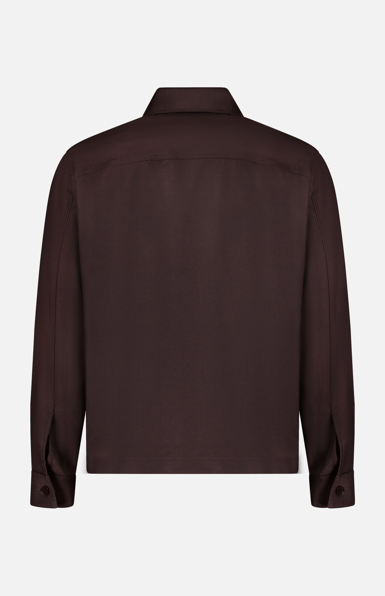 The NN07 Alban 2-way Zip Overshirt is displayed from the back, showcasing its dark brown color, long sleeves with buttoned cuffs, collared design, and straight hem—all set against a plain white background.