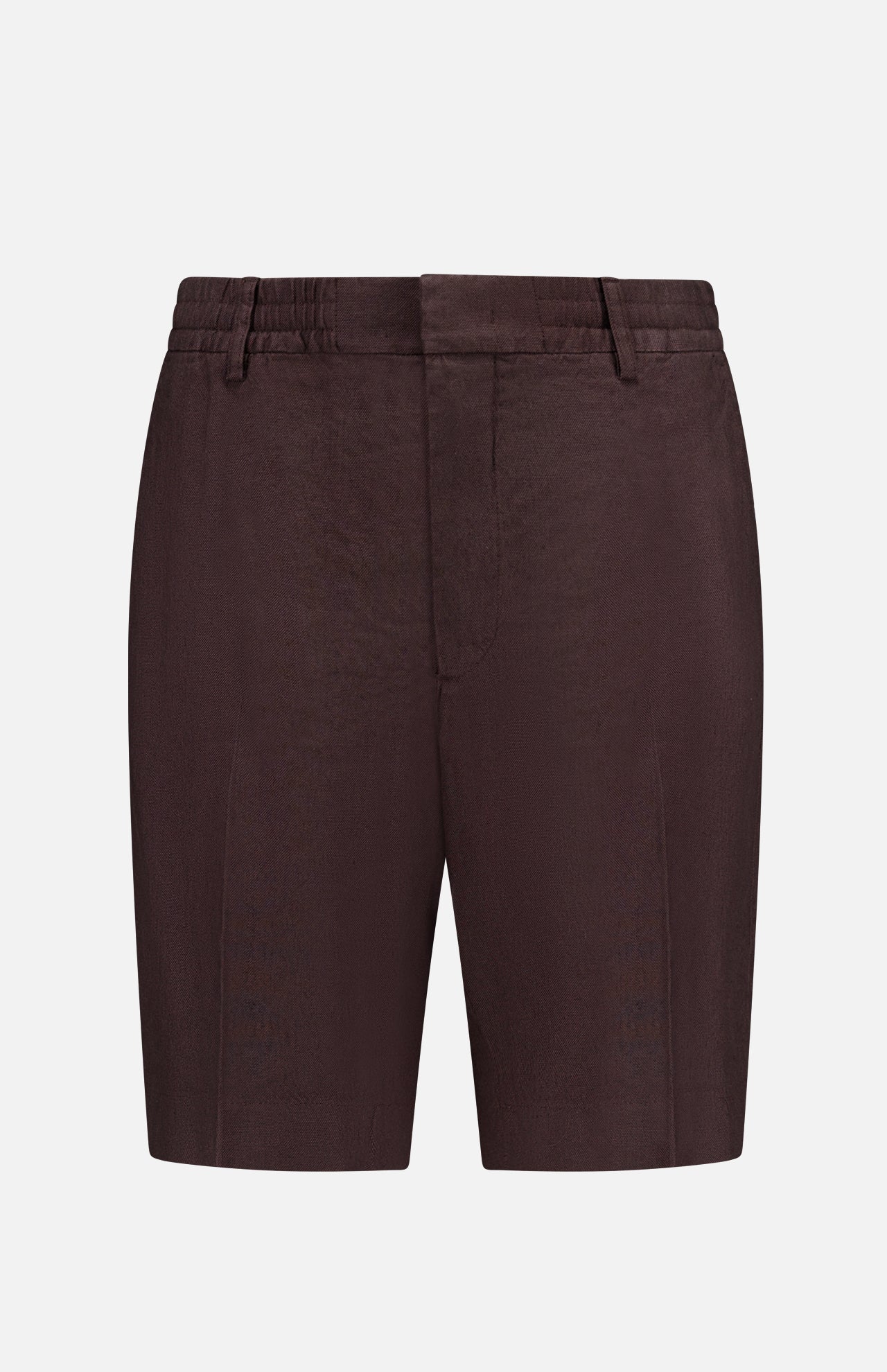 The Billie Drawstring Shorts by NN07 are tailored, knee-length, dark brown linen-viscose shorts with belt loops and a front zipper, shown against a plain white background.