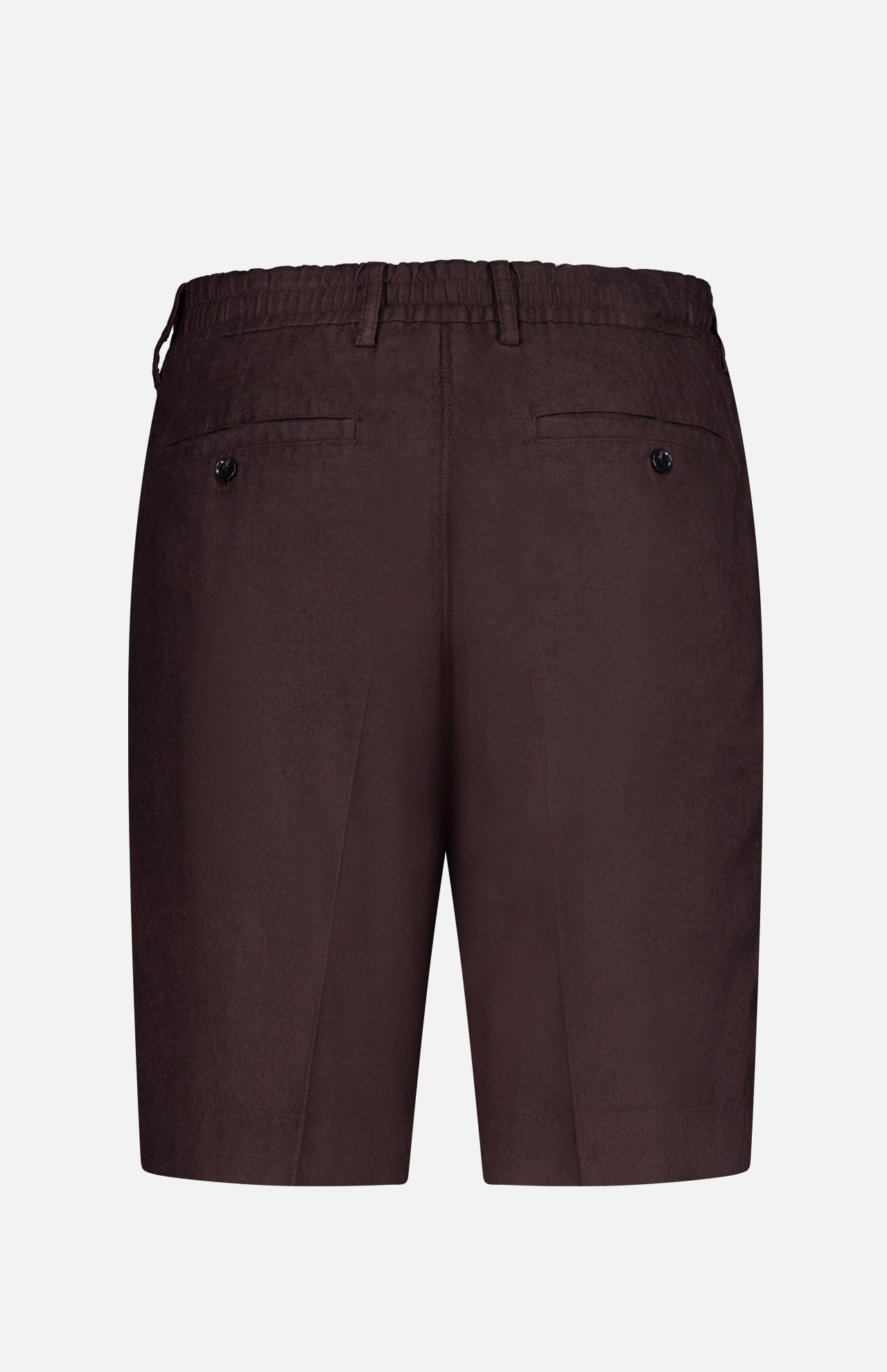 Back view of NN07 Billie Drawstring Shorts in dark brown linen-viscose, shown against a white background. Features include an elastic waistband with drawstring, belt loops, and two buttoned back welt pockets.