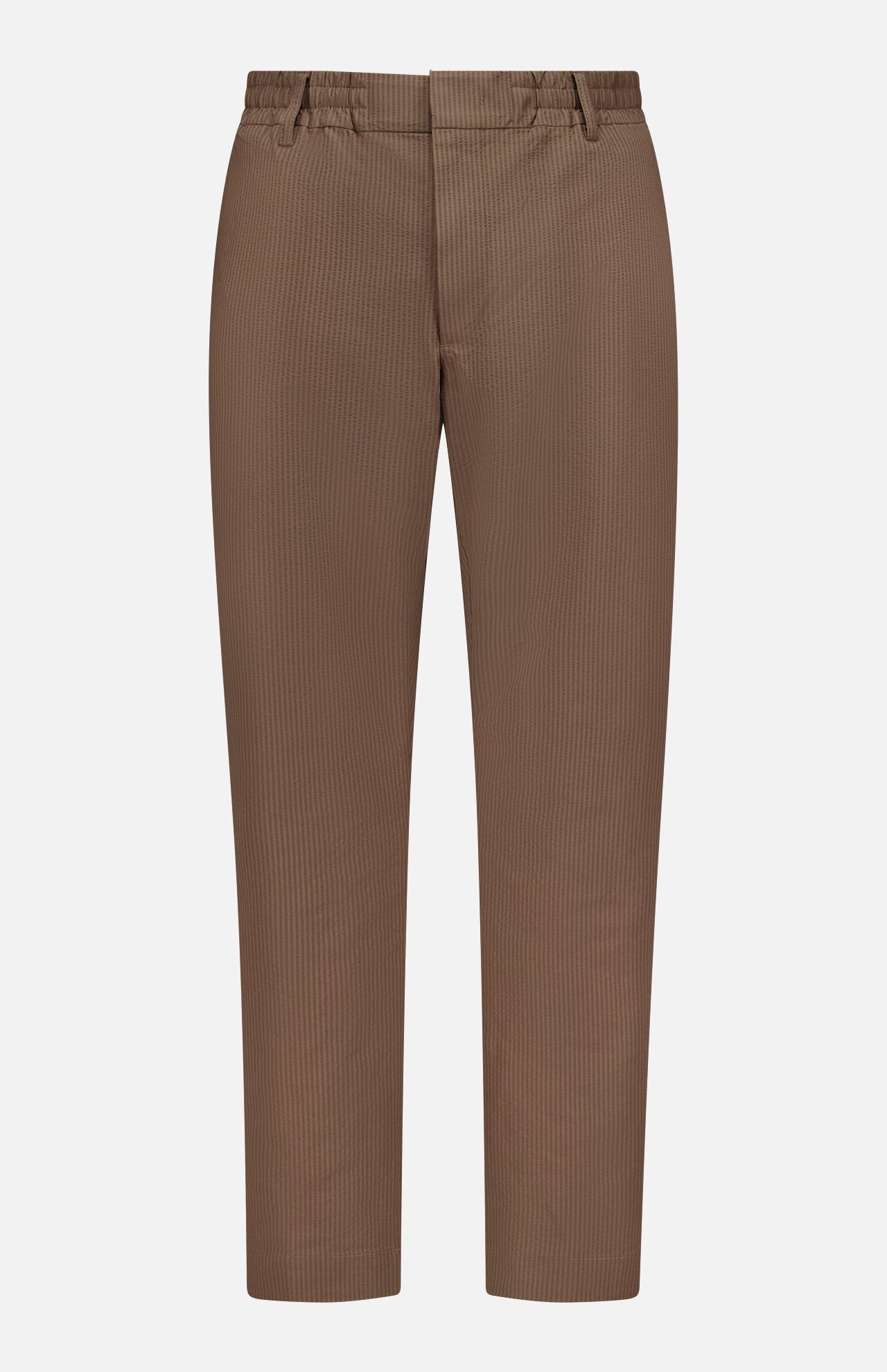 The Billie Seersucker Trouser Pant by NN07 features a subtle pinstripe, belt loops, and a fitted waistband, shown against a plain white background.